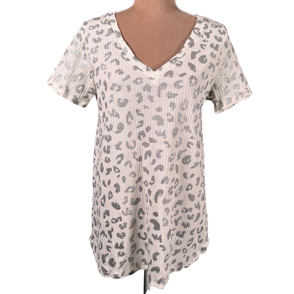 BIBI Waffle Knit Top Womens Small Silver Glitter Leopard Print V-Neck New W/Tags - Picture 2 of 10